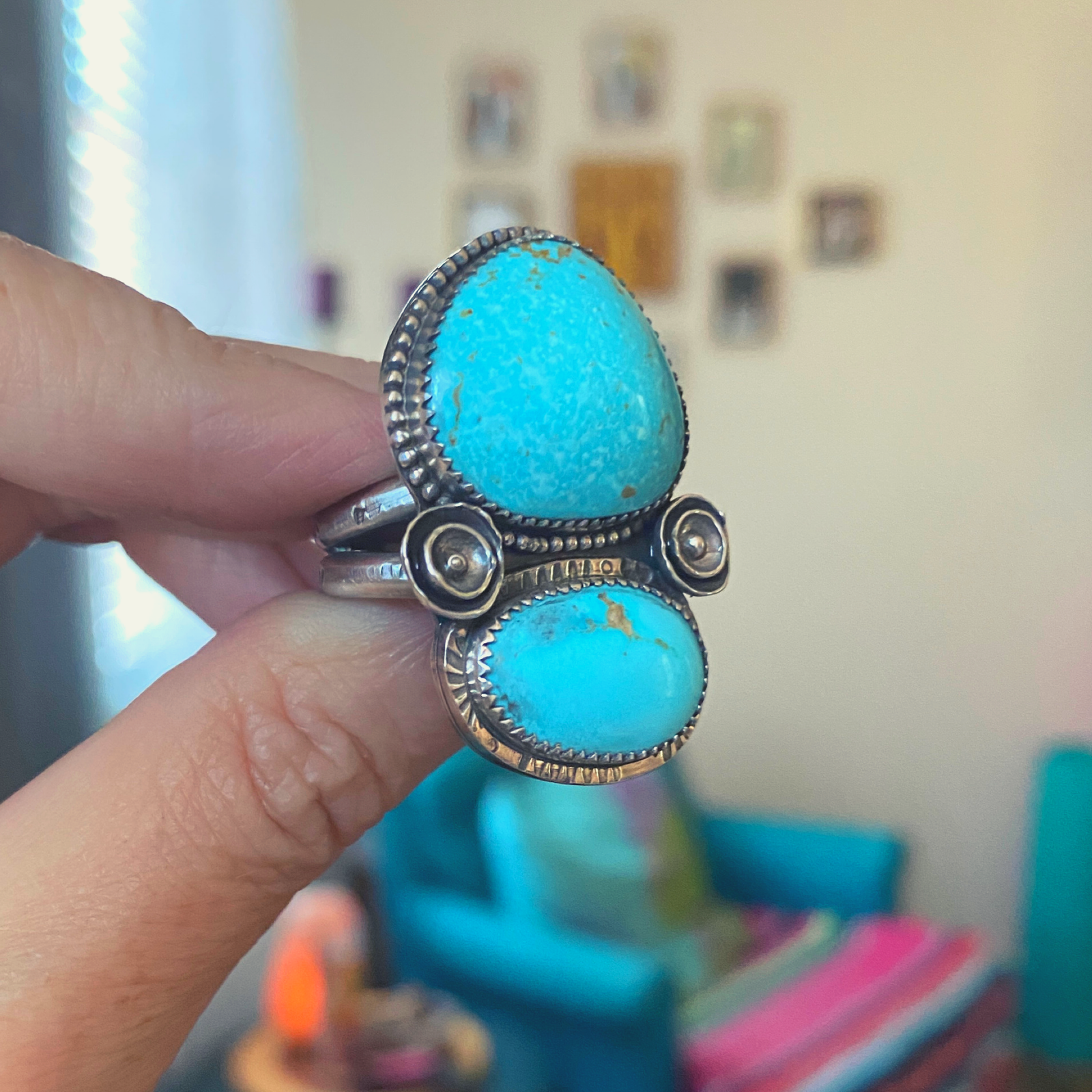 turquoise ring with freeform flower casting