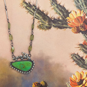 turquoise and peridot necklace with prickly pear casting