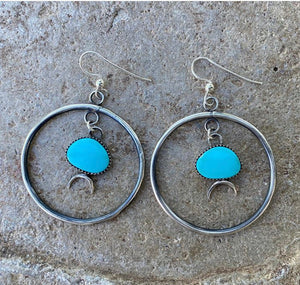 turquoise hoop earring with crescent moon castings
