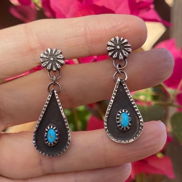 silver flower turquoise earrings